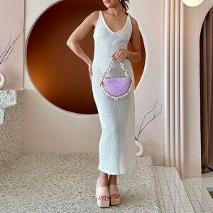 Mykonos Pearls Straw Mermaid Seashells Mini Bag Purple